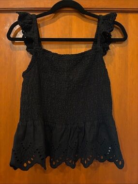 NWT Madewell Black Eyelet Smocked Top with Ruffle Straps Size 8